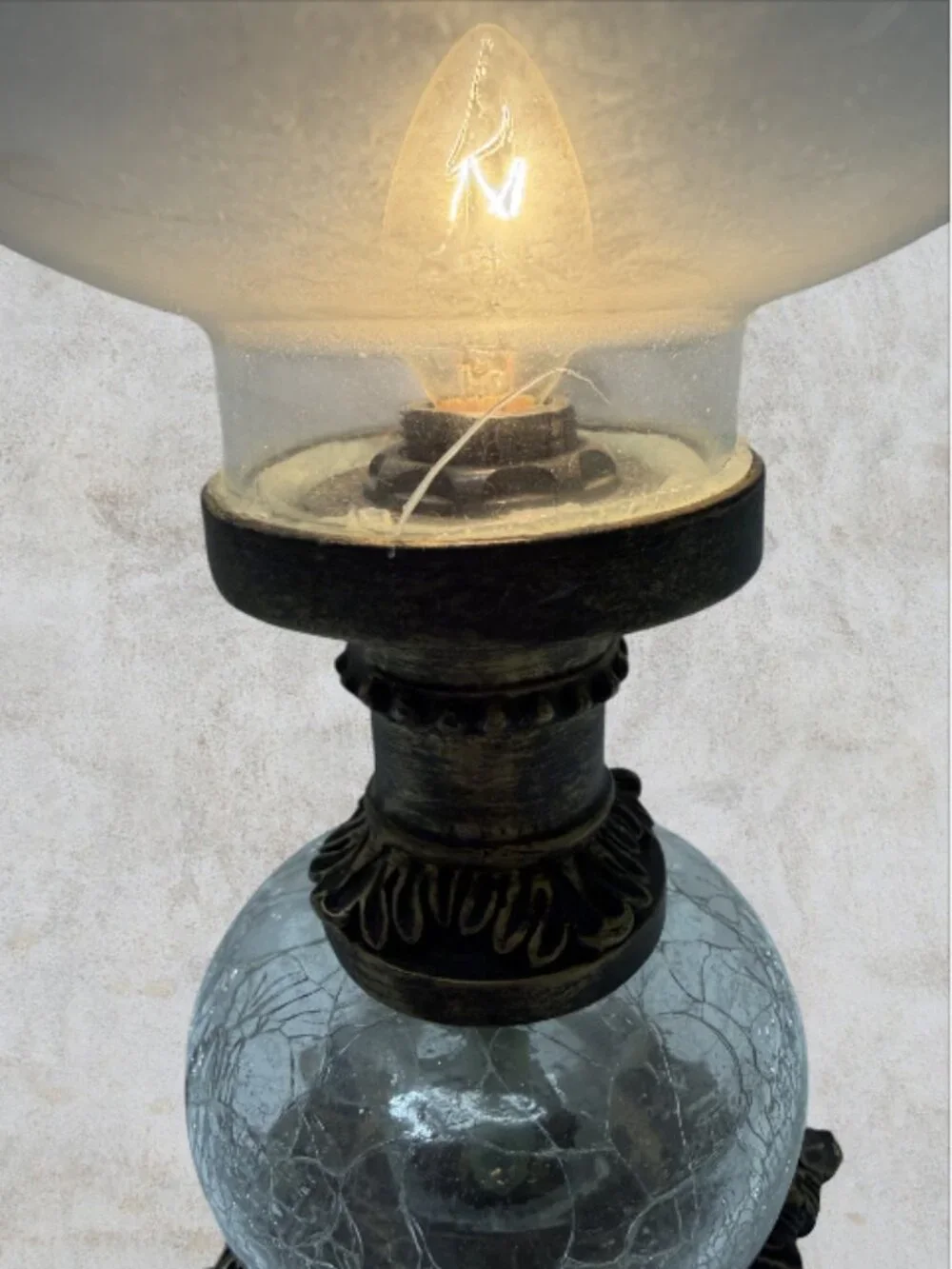 HURRICANE LAMP -- Etched Glass Shade, Crackle Glass Base, Electric, Vintage